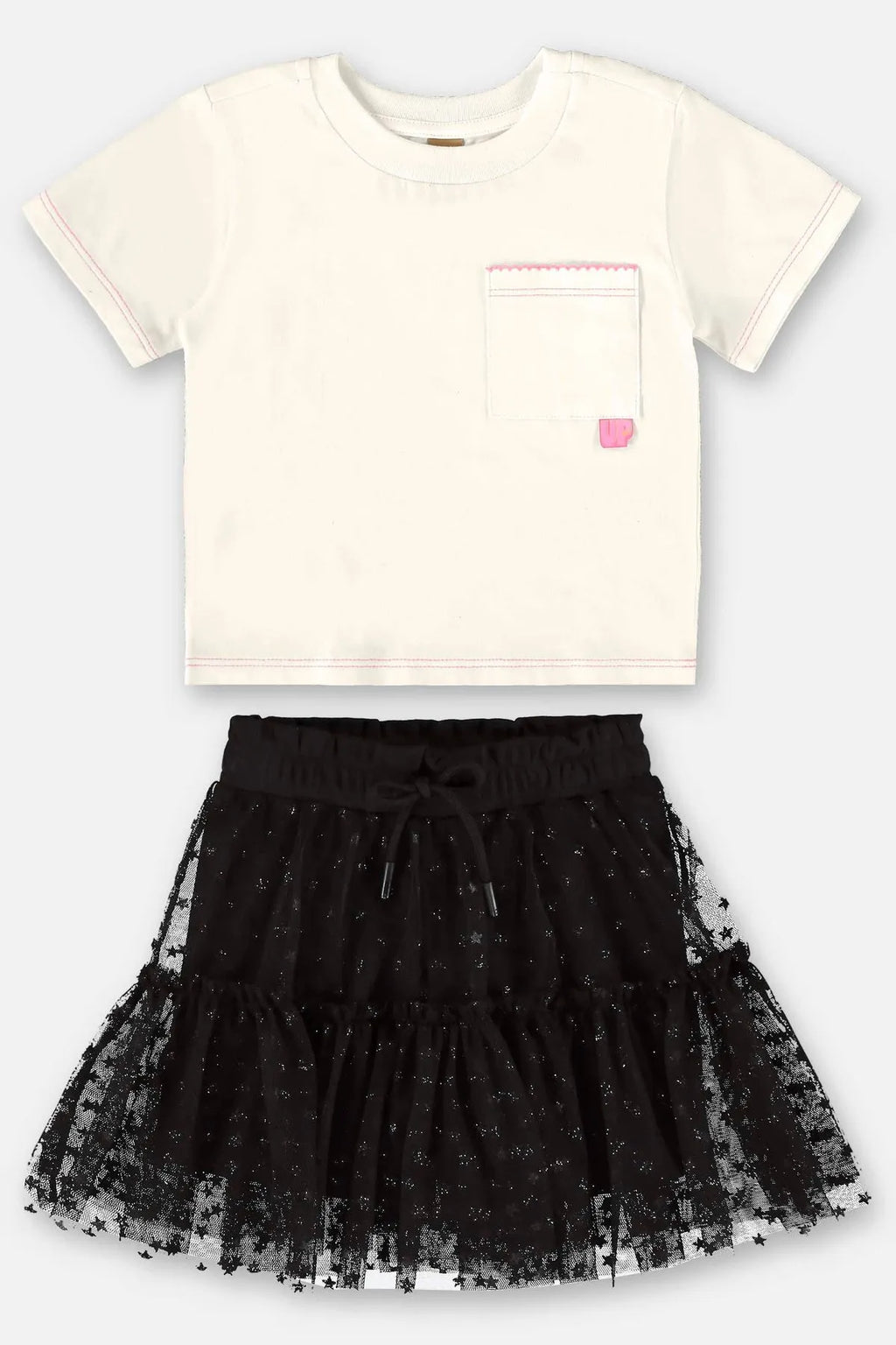 CONJUNTO INFANTIL COM BLUSA E SHORTS COM SAIA