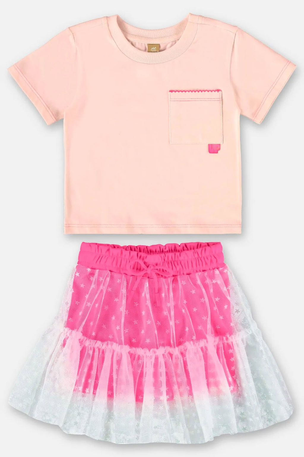 CONJUNTO INFANTIL COM BLUSA E SHORTS COM SAIA