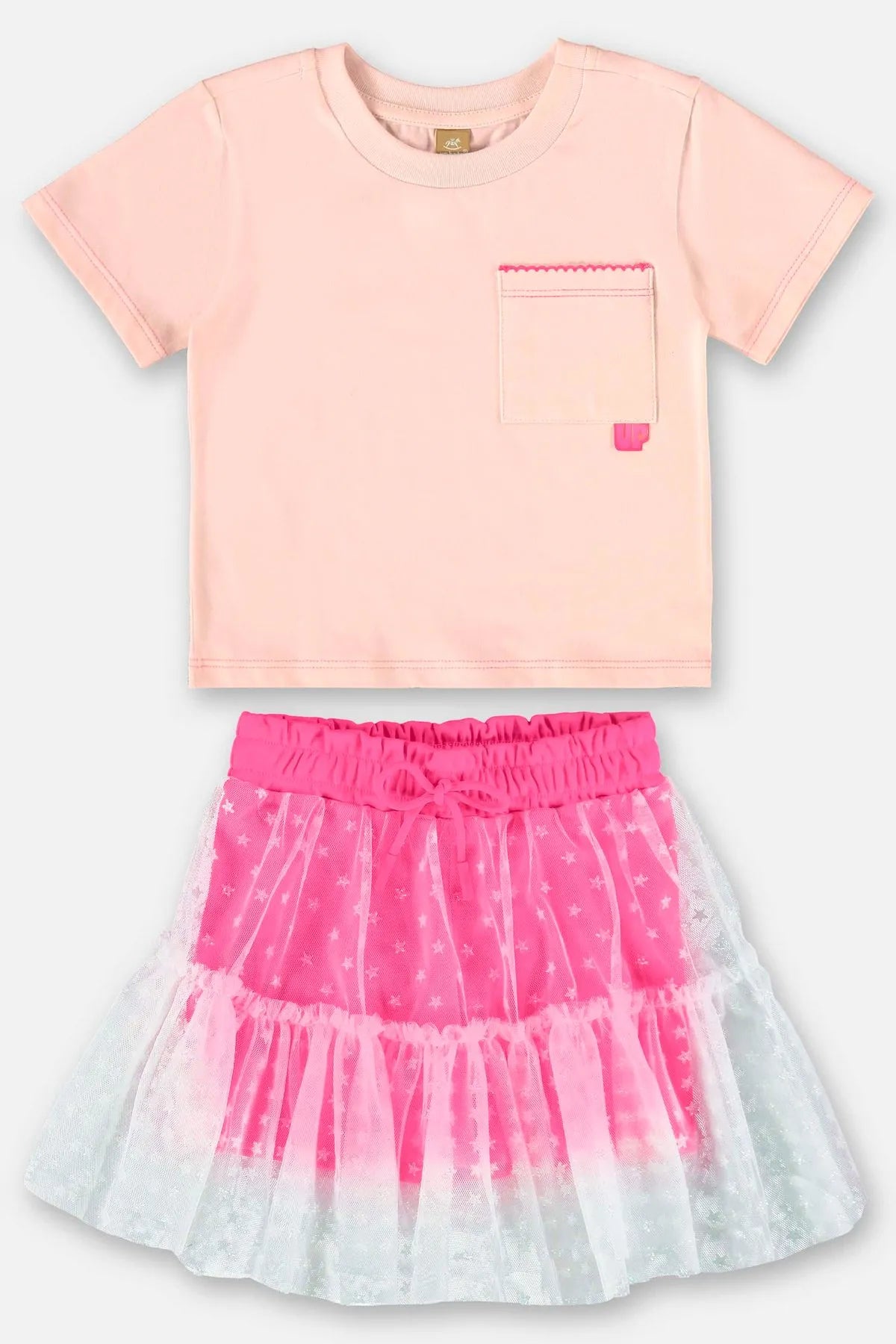 CONJUNTO INFANTIL COM BLUSA E SHORTS COM SAIA
