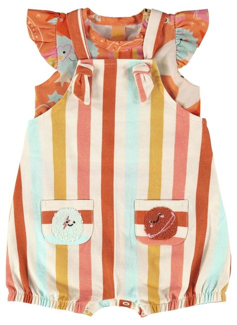 CONJUNTO INTERESTELAR PARA BEBÊ MENINA COM BODY MALHA ALGODÃO E JARDINEIRA VISCOLINHO  (LARANJA)