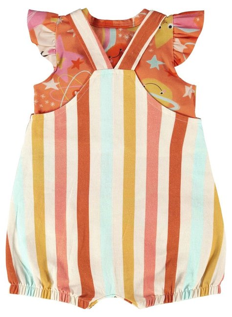 CONJUNTO INTERESTELAR PARA BEBÊ MENINA COM BODY MALHA ALGODÃO E JARDINEIRA VISCOLINHO  (LARANJA)