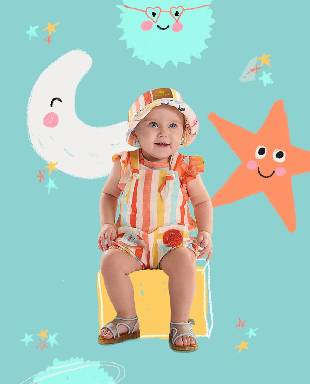 CONJUNTO INTERESTELAR PARA BEBÊ MENINA COM BODY MALHA ALGODÃO E JARDINEIRA VISCOLINHO  (LARANJA)