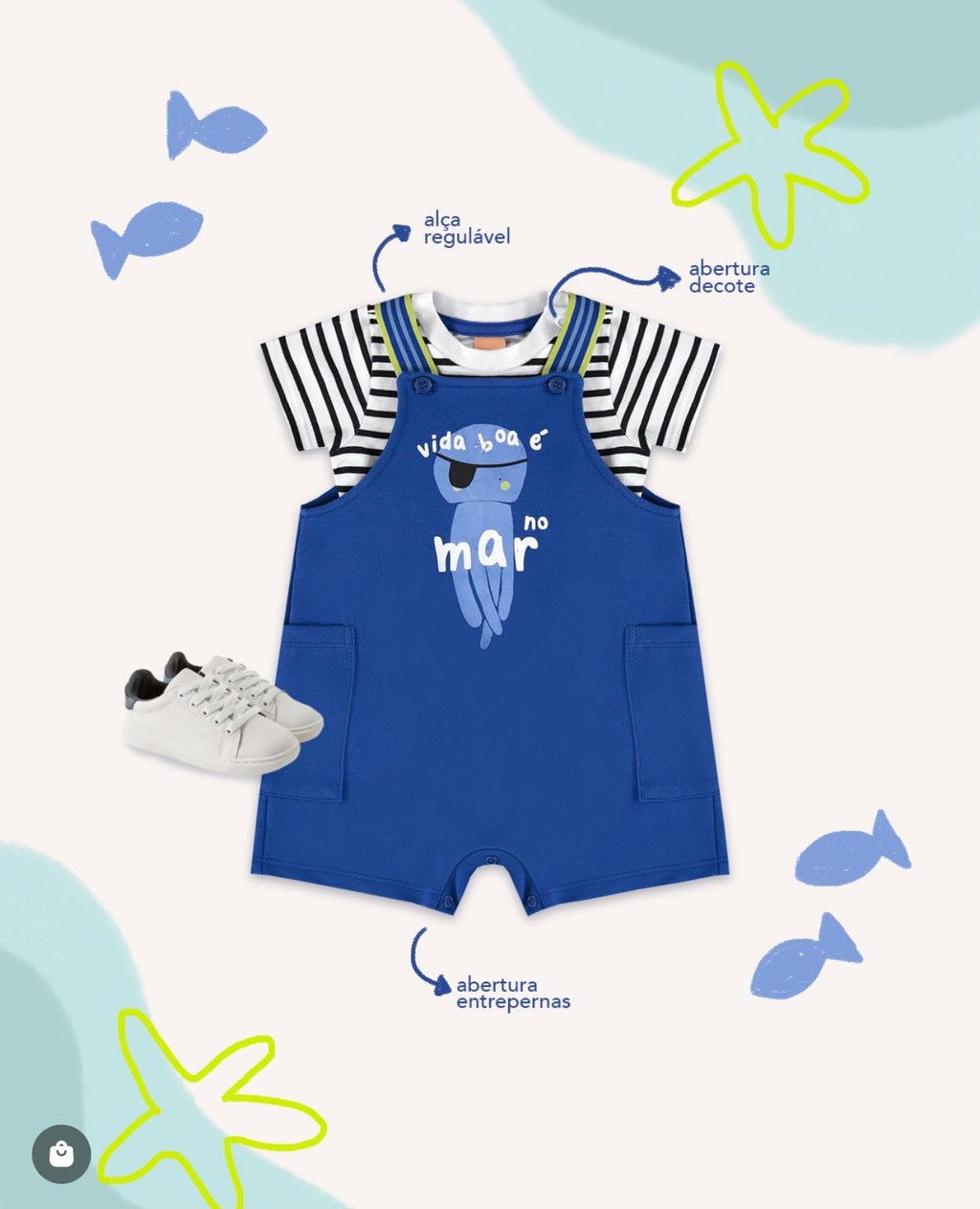 CONJUNTO OMAR PARA BEBÊ MENINO COM BODY E JARDINEIRA (BRANCO)
Ref: 62269