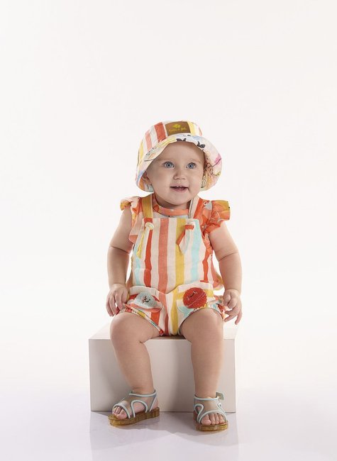 CONJUNTO INTERESTELAR PARA BEBÊ MENINA COM BODY MALHA ALGODÃO E JARDINEIRA VISCOLINHO  (LARANJA)