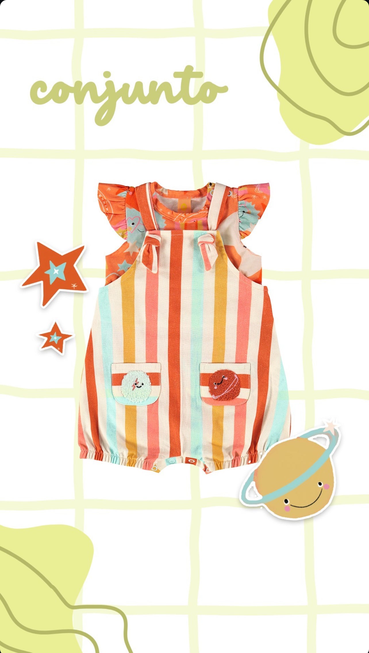 CONJUNTO INTERESTELAR PARA BEBÊ MENINA COM BODY MALHA ALGODÃO E JARDINEIRA VISCOLINHO  (LARANJA)